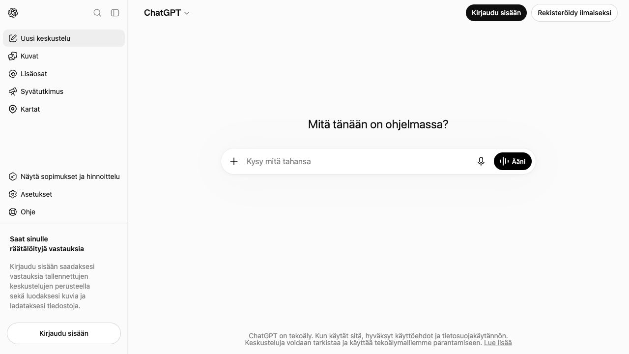 ChatGPT:n aloitusnäkymä: kirjautumispainikkeet ylhäällä ja Kysy mitä tahansa -viestikenttä keskellä.