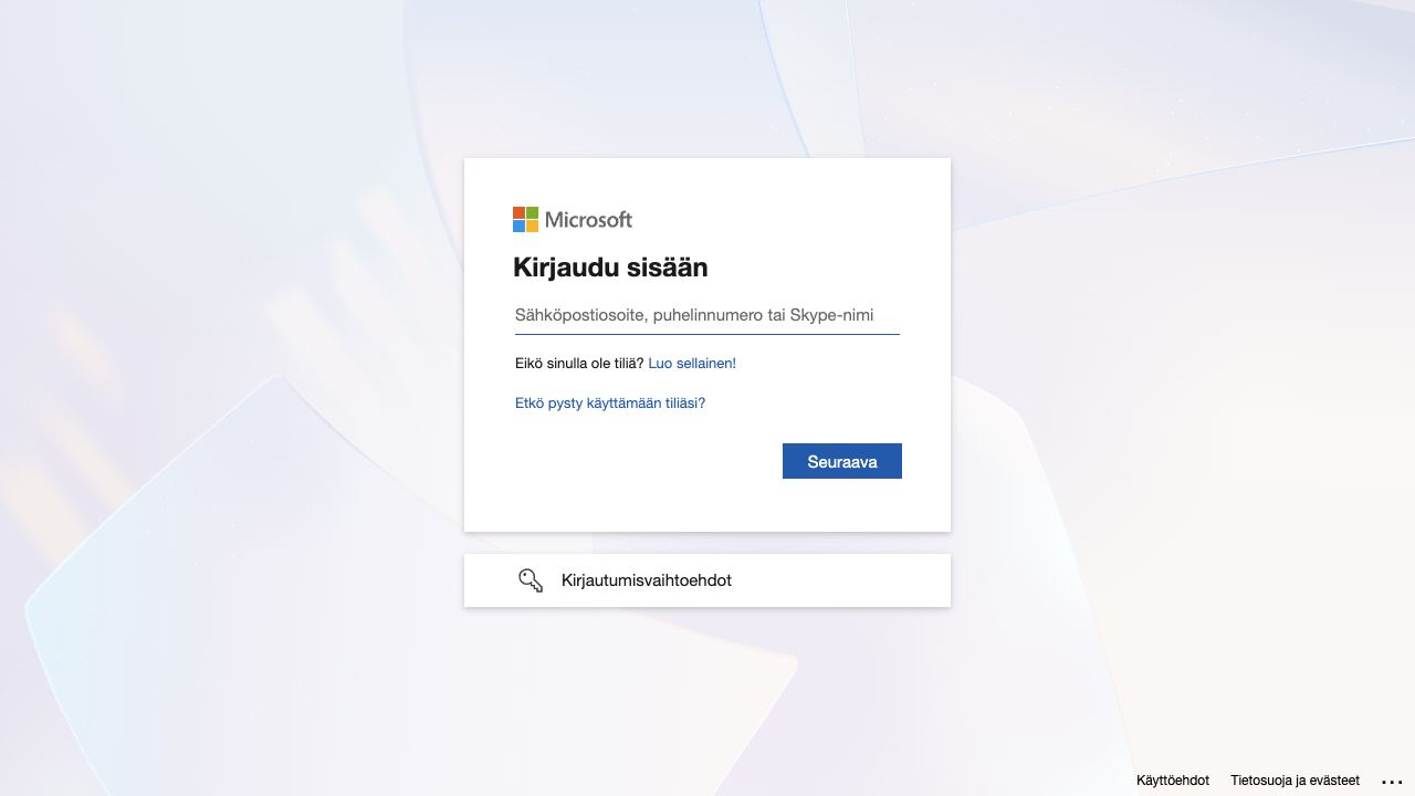 Microsoft Copilotin kirjautumisnäkymä: Microsoft-tilin sähköpostiosoitekenttä ja Seuraava-painike.