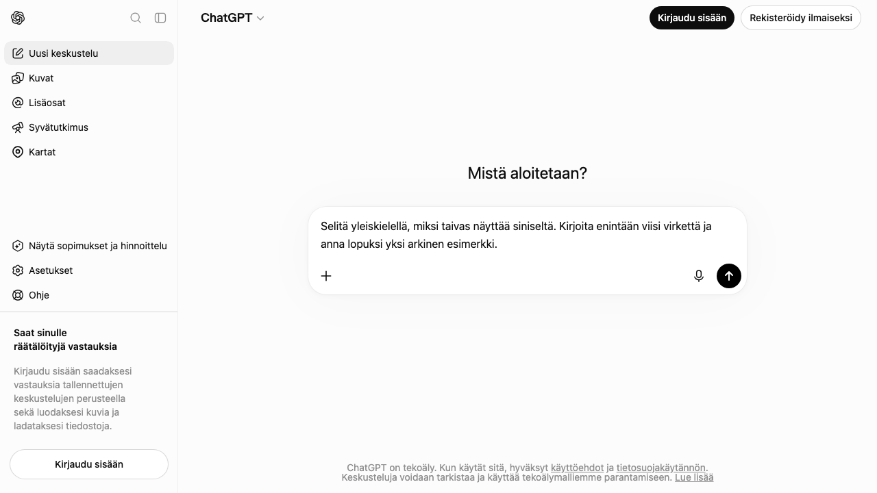 ChatGPT:n viestikenttä, jossa on kirjoitettu pyyntö korostettuna numerolla 1 ja lähetyspainike korostettuna numerolla 2.