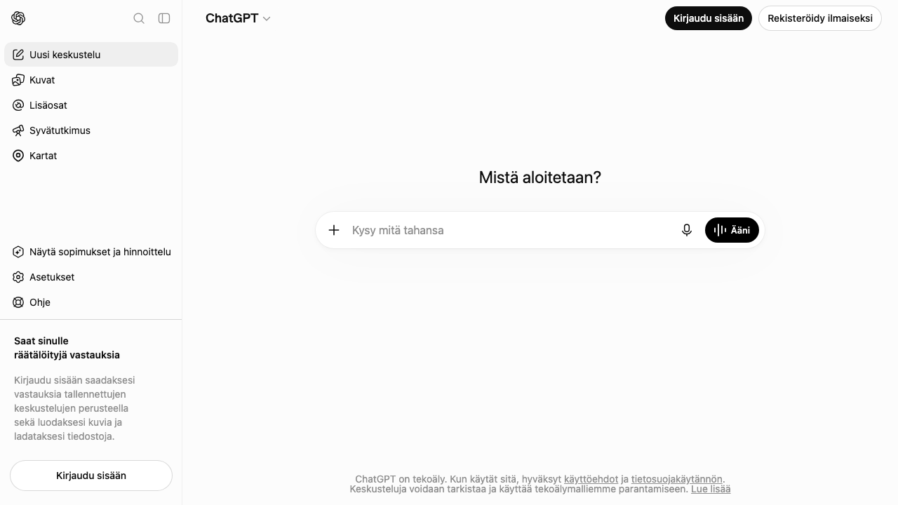 ChatGPT:n aloitusnäkymä, jossa viestikenttä on korostettu numerolla 1.